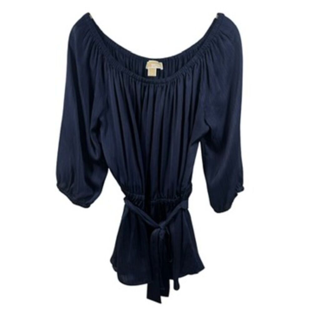 MICHAEL Michael Kors Navy Peasant Blouson Top Belted Womens L EUC